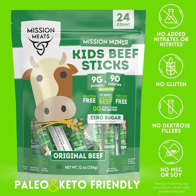 Mission Meats Kids Beef Sticks ??100% Grass Fed & Pasture Raised, Healthy Snacks for Kids, Sugar Free Protein, Gluten & Nut Free, Individually Wrapped, Mini 0.5oz 24ct Bag (Pack of 2)