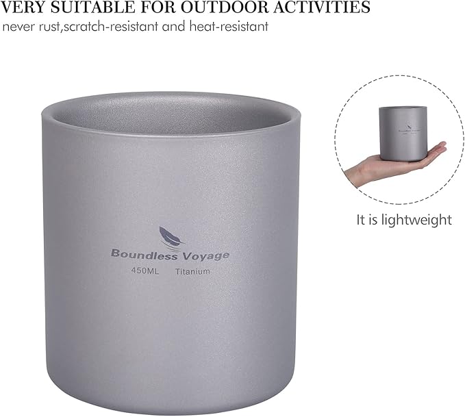 Boundless Voyage 3 in 1 Double Walled Titanium Cup Heat Resistant Mini Tea Drink Cup Outdoor Camping Mug Coffee Cups Camping Accessories (Ti3030D 450ml)