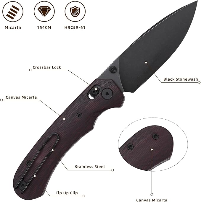 Folding Knife,Pocket Knife,3.31??154CM Blade,Erogonomic Canvas Micarta Handle,Survival Camping Knife with Pocket Clip,EDC Knife for Camping, Hunting, Hiking, Survival,Red