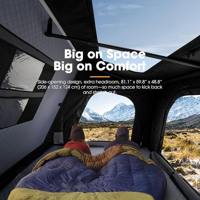 SanHima Rooftop Tent Hard Shell - Hotham Side Overland Aluminium Roof Top Tent Side-Open Design, Larger Space, Tri-Color LED Light & Skyview Window, for 2-3 People Car SUV Truck Camping