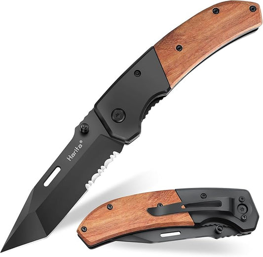 Pocket Knife for Men, Folding Knife with Pocket Clip, Wood Handle EDC for Women with 3.4″ Black