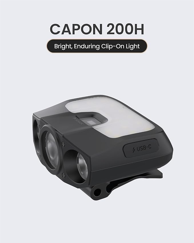 Claymore Capon 200H (Black) - LED Rechargeable Clip-On Cap Headlamp, Lightweight Hat Light for Camping, Running, Hiking, Emergency & Industrial Use, Waterproof, USB-C, 55 Hours of Battery Life.