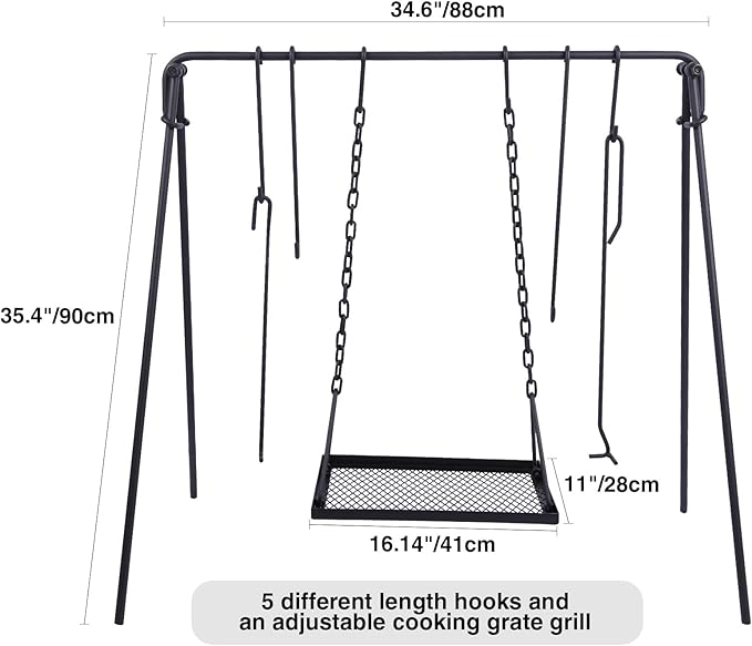 REDCAMP Swing Campfire Grill Stand - Collapsible Campfire Cooking Rack with 6 Hooks & Iron Grill Grate, Portable Dutch Oven Hanger for Outdoor Camping, Cookware, Bonfire, Rectangle