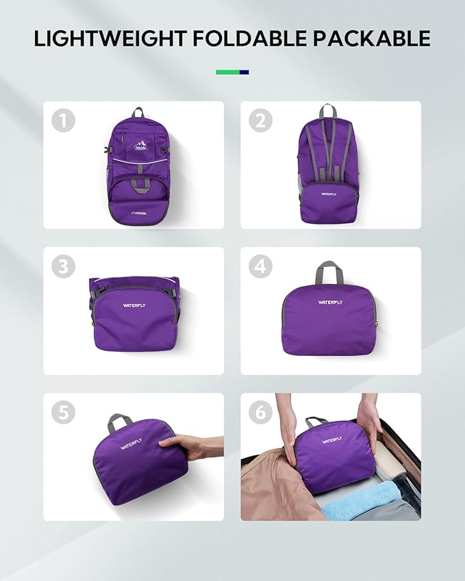 WATERFLY Hiking Foldable Daypack Backpack: 25L Ultra Lightweight Waterproof Day Pack for Woman Man - Small Compact Packable Folding Back Pack for Outdoor Sport Cycling Biking Travel Trip - Purple