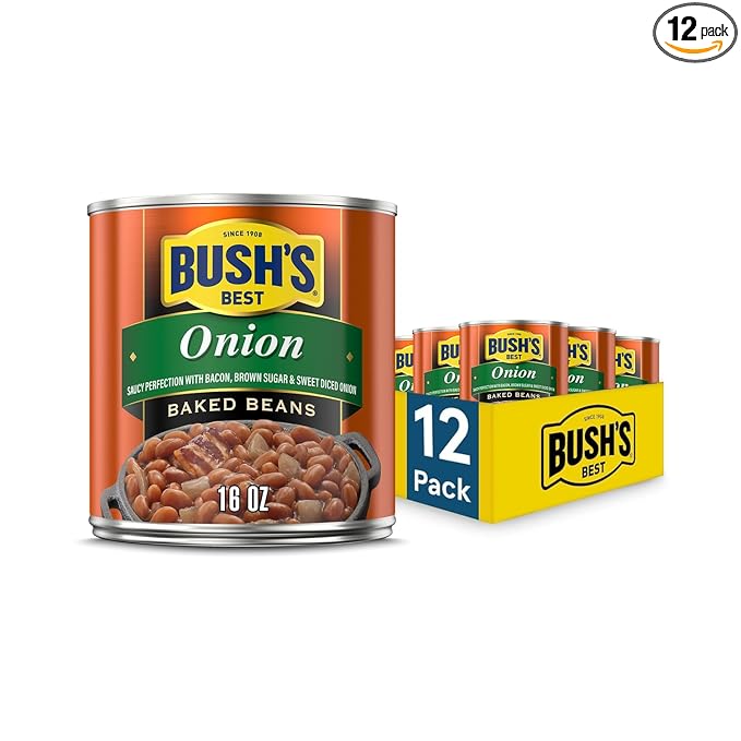 BUSH'S BEST 16 oz Canned Onion Baked Beans, Source of Plant Based Protein and Fiber, Low Fat, Gluten Free, (Pack of 12)