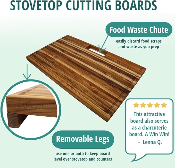 EcoDecors, Teak Edge Grain Cutting Board 34"x20", Extra Large Solid FSC Teakwood Butcher Block with Juice Groove, Handles & Waste Slot, Best Wooden Cutting Board for Kitchen Stove-Top Prep