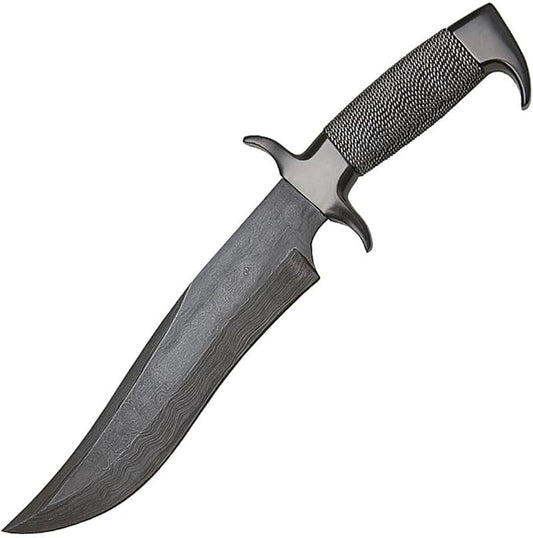 GIL HIBBEN Highlander Bowie Damascus with Leather Belt Sheath - Damascus Steel Blade, Multiple Layers, Steel Wire Wrapped Handle, Solid Handguard and Pommel, For Display and Use - Length 13 1/2"