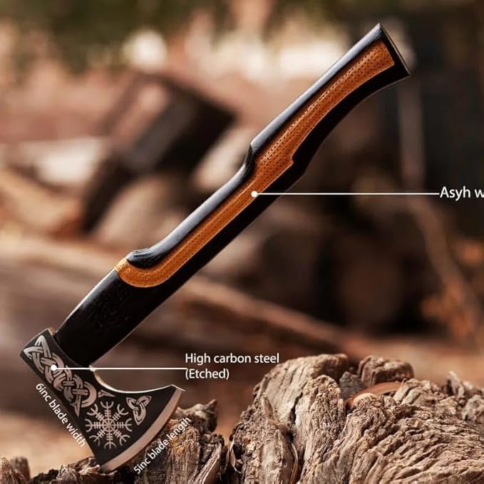 Viking Axe | 18" Carbon Steel Throwing Hatchet with Ash Wood Handle & Leather Sheath | Etched Norse Design, Functional & Collectible Gift(WCA-001)