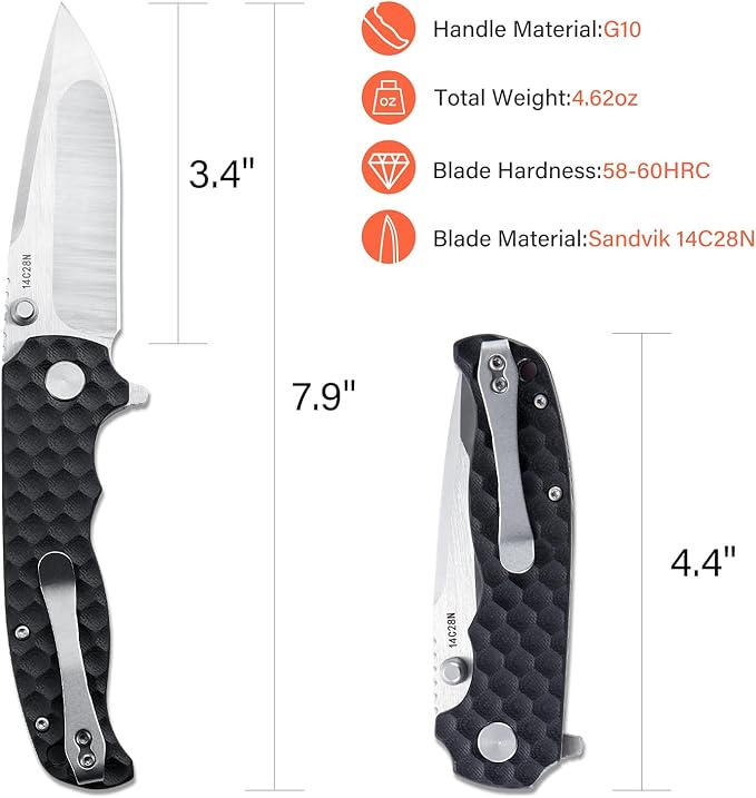 Men's Folding Pocket Knife – 3.4" Sandvik 14C28N Blade G10 Handle Ceramic Bearings Liner Lock Deep Pocket Clip – EDC Knife for Outdoor Hiking Survival Use
