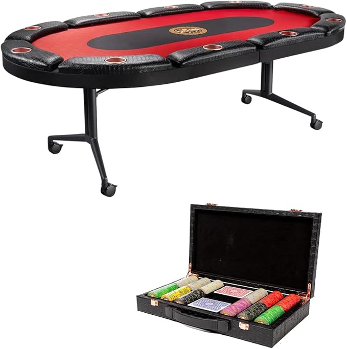 Triton Foldable Poker Table for 10 Players with Poker Chips Set 300- Soft-Padded Armrest, Individual Cup Holders - Premium Poker Chips, Long Lasting Poker Table