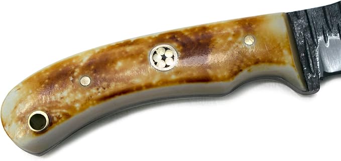 Titan International Knives Handmade Carbon 1080 Steel | Fixed Blade Color Coated Hand Pounded Hunting and Skinning Knife | Burnt Bone Handle Perfect for Hunting and Camping with Leather Sheath