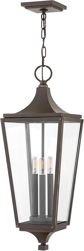 Hinkley Jaymes Large Hanging Outdoor Lantern - Aluminum, Clear Glass Panes, Rivet Details, Cast Finials - Oil Rubbed Bronze Finish