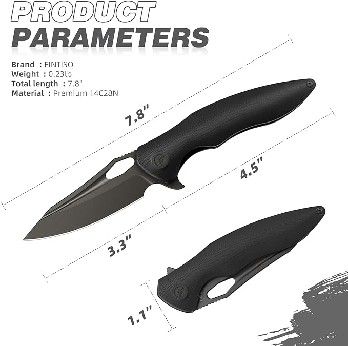 FINTISO Apollo Pocket Knife, 3.3" 14C28N Blade G10 Handle Folding Knife with Liner Lock, Small EDC Knife with Pocket Clip for Camping, Survival, Hunting, Unique Gift for Men Women