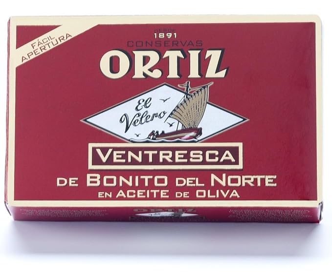 Ortiz Ventresca White Tuna Belly in Olive Oil, Tender Buttery Fillets with Exquisite Flavor, Superior Wild Caught Tuna Packed in Delicate Spanish Olive Oil, 3.88oz Can (Pack of 1)