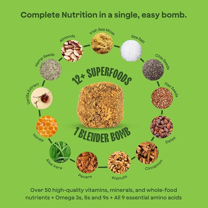 The Bomb Co. Blender Bomb, Glow Getter, Superfood Smoothie Supplement, Smoothie Mix with Flax, Hemp, Irish Sea Moss, & Amino Acids for Hair & Skin Support, Gluten Free, High Fiber, 10 Servings