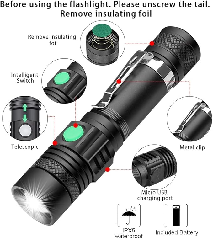 iToncs Rechargeable Flashlight, Pocket-Sized Torch with Super Bright High Lumens LED, Water Resistant, Zoomable, LED Tactical Flashlights with Clip, 4 Modes for Camping Hiking and Emergency(2 Pack)