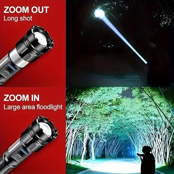 LED Tactical Flashlight, Dual Mode Zoom in/Out, USB-C Rechargeable, 6.9 inch Length