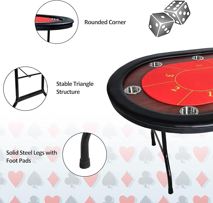 Premium 84" Oval Folding Poker Table – 10-Player Texas Hold’em with Cushioned Rails, Stainless Steel Cup Holders, Chips Tray, and Felt Surface for Blackjack and Casino Games (Red)