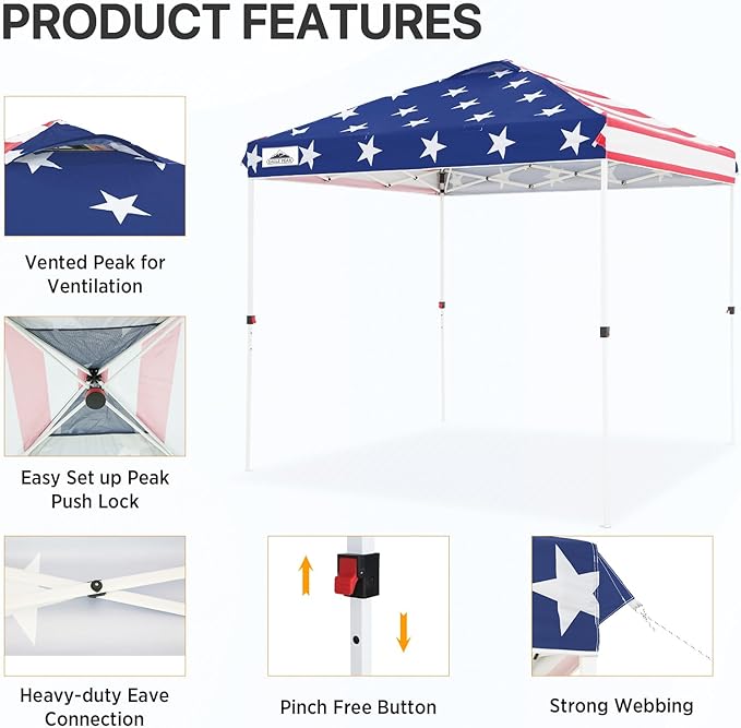 EAGLE PEAK Pop Up Canopy Tent with Wheeled Carry Bag, 8 Stakes, 4 Ropes, Easy Set Up Tent Canopy, 8x8 ft, American Flag