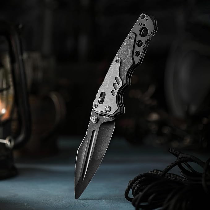 Intruder-05｜Folding Pocket Knife for Men，Heavy Camping EDC Knives with Clip ï¼?.29" PVD Blackwash 14C28N Steel Blade Axis Lock & Washerï¼?Thumb Stud，Ti & Carbon Fiber Handle