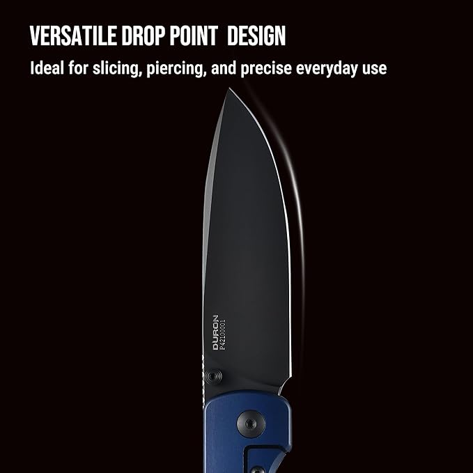 OKNIFE Duron Folding Pocket Knife, 3.5" PVD Coated Nitro-V Steel Blade, Frame Lock Lightweight O-Aluminum Ambidextrous Handle with Clip, Ideal EDC Tool for Outdoor, Camping & Survival (Navy Blue)