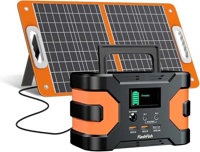 Flashfish Portable Power station 150W 166Wh with 60W Solar Panel, Pure sine Wave AC Outlet, USB-C PD 45W, QC3.0, DC Output, Backup Battery for Camping, Outdoor, RV, Emergency Home Use