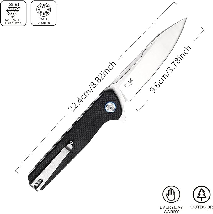 Sitivien ST135 Folding Knife,D2 Steel Blade G10 Handle Outdoor EDC Knife for Hunting Fishing Camping(Black)