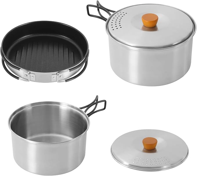 Camping Cookware Set Portable Camping Cooking Set 304 Stainless Steel Camping Pots and Pans Set Campfire Cooking Equipment with Storage Bag for Outdoor Camping Hiking Picnic for 2-3