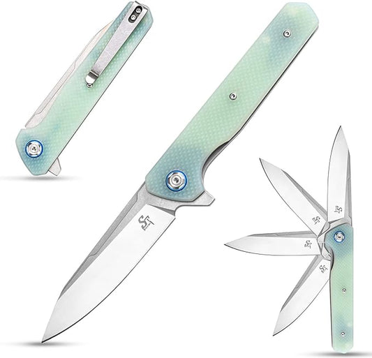 Sitivien ST135 Folding Knife,D2 Steel Blade G10 Handle Outdoor EDC Knife for Hunting Fishing Camping(Jade)
