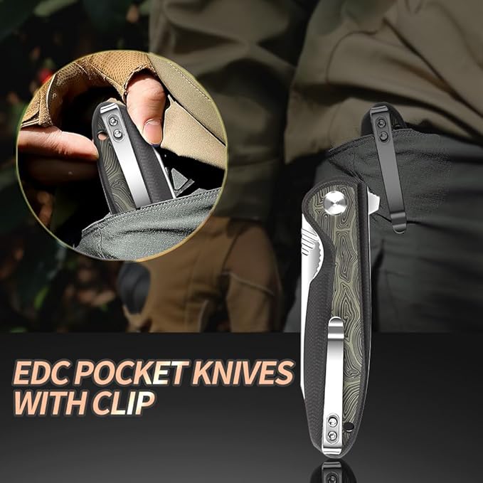 ioko Folding knife D2 blade material, G10 two-color handle, suitable for men and women outdoor camping carrying knife, sharp and durable blade, with pocket clip (argent)