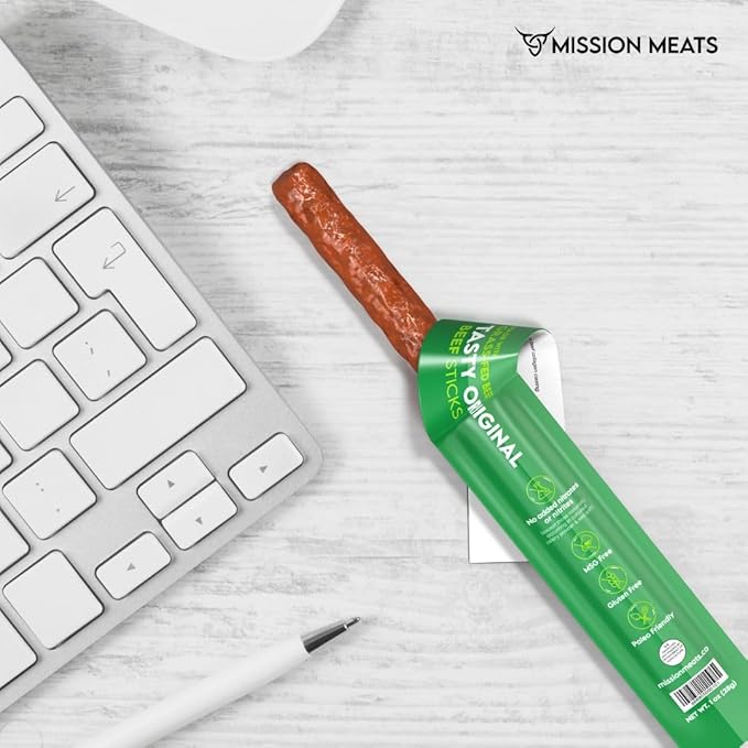 Mission Meats Beef Sticks – 100% Grass Fed & Pasture Raised, Sugar Free, Individually Wrapped Healthy Snacks, Whole 30 & Paleo Friendly, Original 1oz (Pack of 12)