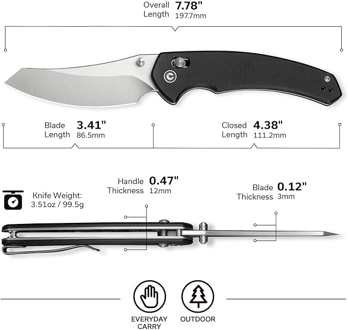 CIVIVI Sixgill Folding Pocket Knife for EDC, 3.41'' Nitro-V Blade G10 Handle, Deep Carry Reversible Clip, Gift for Men Women C24050-1 (Black)