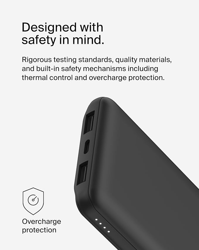 Belkin Portable Charger, USB C Power Bank 10000 mAh w/ 2xUSB-A Ports, 15W w/ Type-C to Type-A Cable for iPhone 17, Air, Pro, Samsung Galaxy S25, Nintendo Switch 2, Google Pixel 10, etc. - Black