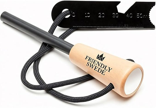 The Friendly Swede Ferro Rod Fire Starter Tool — Flint and Steel Fire Starter Survival Tool with Wooden Handle; Weatherproof Firestarter for Camping, Hiking & BBQs; Compact with Optimal Grip