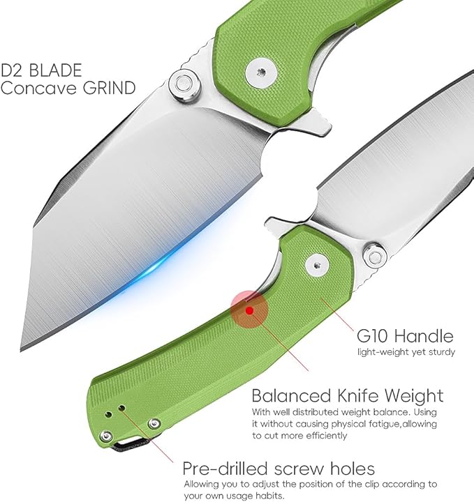 ioko Folding Pocket Knife, 3.5-Inch D2 Steel Blade, G10 Handle, EDC Camping Survival Knife with Clip (Green)
