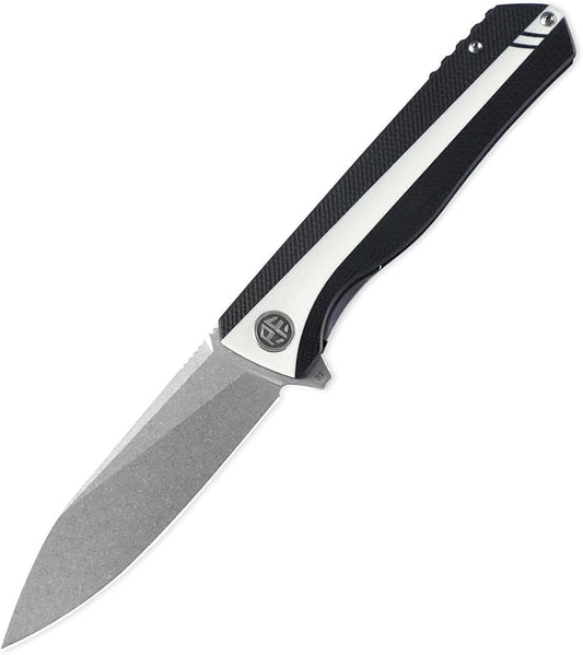Petrified fish PF818,3.54" D2 Blade,104g G10 Handle Flipper Folding knife (Stonewash, Black and White)