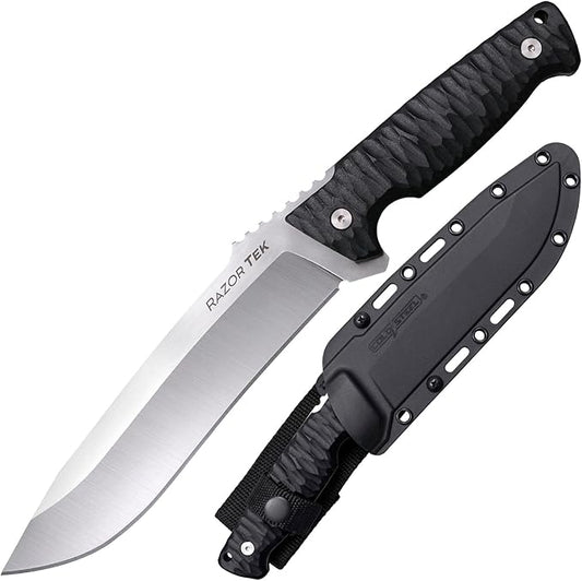Cold Steel Razor Tek 6.5" 4116 Stainless Steel Recurve Fixed Blade EDC Outdoor Camping Hunting Utility Knife, 5 1/8" Ergonomic Textured Handle, Weather-Resistant Secure-Ex Sheath