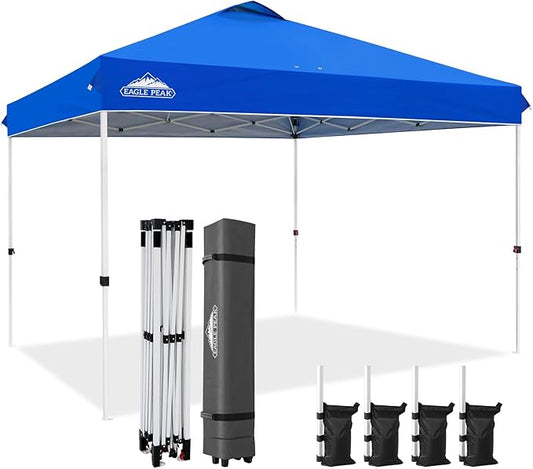 EAGLE PEAK Pop Up Canopy Tent with Wheeled Carry Bag, 8 Stakes, 4 Ropes, 4 Weight Bags, Easy Set Up Tent Canopy, 12x12 ft, 144sqft of Shade, Blue