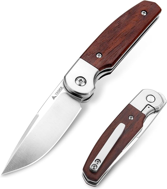 Small EDC Knife 2.8", Pocket Knife D2 Steel Point Blade Wood Handle - flipper Folding Knife for Men Women - Daily Carry Office Camping Hiking