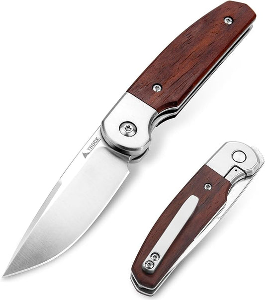 Small EDC Knife 2.8", Pocket Knife D2 Steel Point Blade Wood Handle - flipper Folding Knife for Men Women - Daily Carry Office Camping Hiking