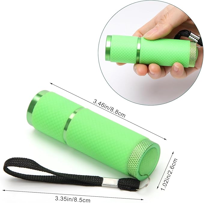 AHIER 9 LED Glow in Dark Flashlights, Rubber Coated Small Flashlights with Straps, Portable Handy Lights for Camping, Hiking, Indoor, Assorted Colors (Green)