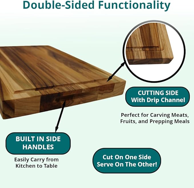 EcoDecors, Teak Cutting Board 14"x10", Reversible Teak Wood Edge Grain Carving Board with Juice Groove, FSC Certified Compact Wooden Cutting Board for Kitchen, Meal Prep & Serving