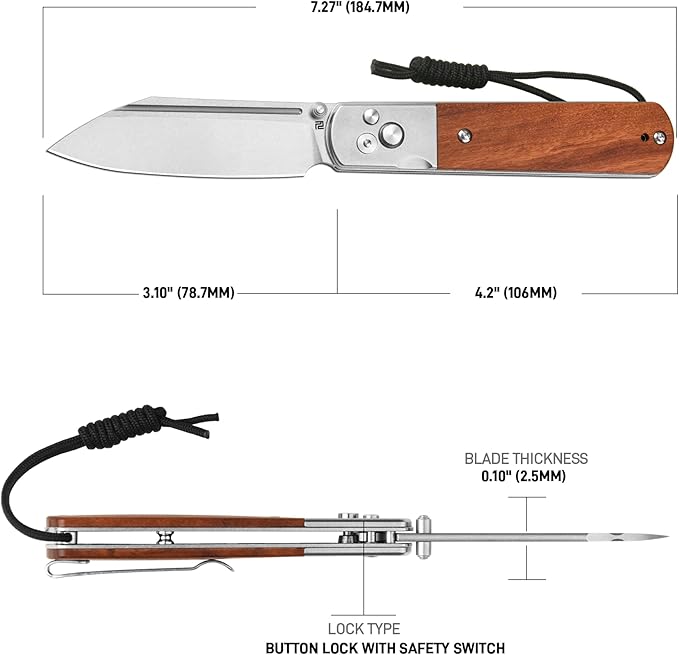 ARTISANCUTLERY Holm Pocket Knife with 3.10'' AR-RPM9 Steel, Handle with Stone Washed Steel and Wood Inlay, Button Lock with Safety Switch Folding Knife for Men, Sharp Camping Survival 1875P Rose Wood