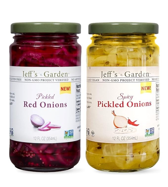 Jeff's Garden Pickled Onion Pack, Pickled Red Onion & Spicy Pickled Onion | Gluten Free | 12 Fluid Ounce Jar (Pack of 2)