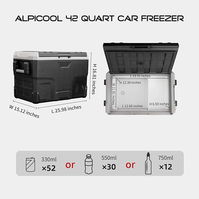 Alpicool IR42 Portable Fridge 12 Volt Car Refrigerator 42 Quart Fast Cooling Freezer for Fishing, Camping, RV, Truck, Boat-12/24V DC(Black &Grey)