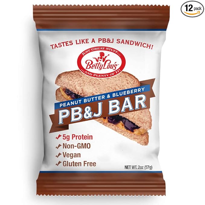 Betty Lou's PB&J Bars, Peanut Butter & Blueberry Snack, Gluten Free, Vegan, Non GMO, Deliciously Healthy Snacks, Individually Wrapped, 2 Oz Each (12 Pack)