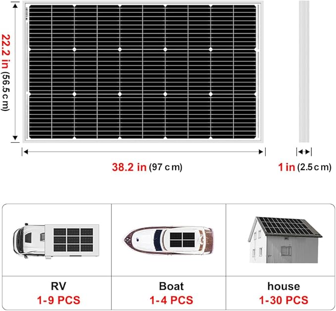 DOKIO 100W 18V Monocrystalline Solar Panel for 12V Battery Charging, 9BB Glass Module with Aluminum Frame, MC4 Connector, Pre-Drilled Holes for Rooftop, RV, Boat, Off-Grid Power