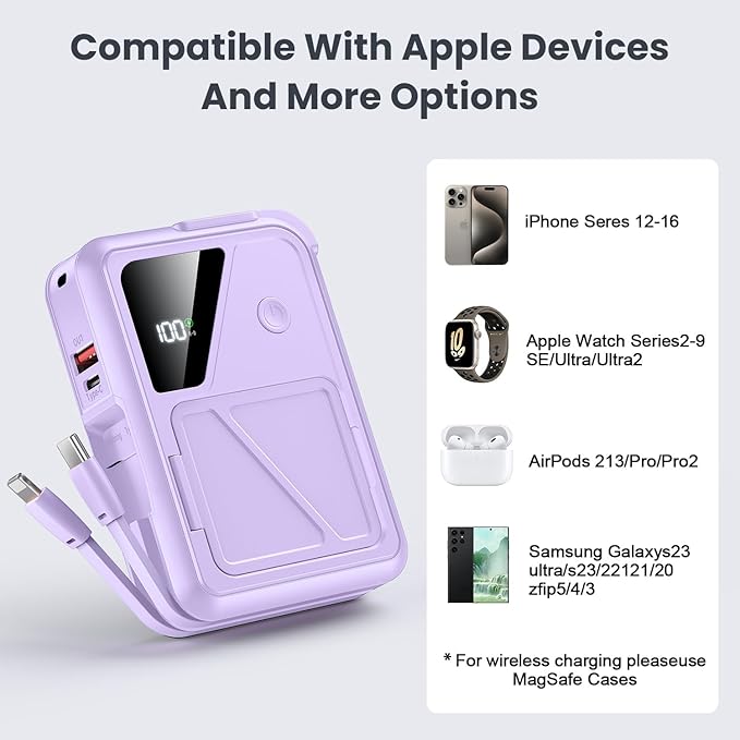Wireless Portable Charger,5-in-1 Magnetic Power Bank 10000mAh Built in Cables and AC Plug,22.5W Fast Charging Magnetic Battery Pack,Compatible with iPhone 16/15/14/13/12,Apple Watch Series,Airpods