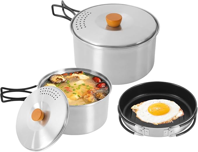 Portable Camping Cookware Set, 304 Stainless Steel Outdoor Camping Cooking Pots and Pans with Storage Bag, Outdoors Campfire Cook Cookware Equipment for Outdoor Camping Hiking Picnic for 2-3