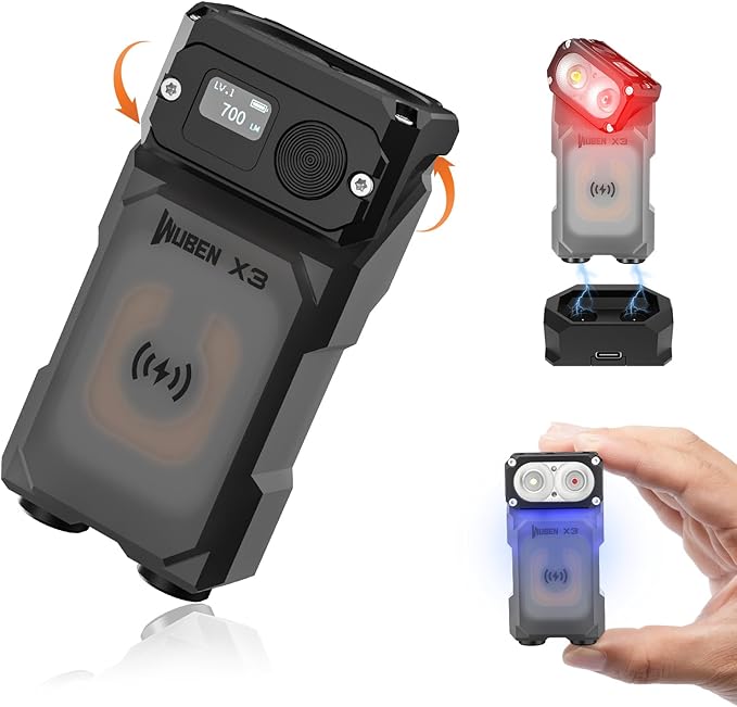 WUBEN X3 Mini Rechargeable Flashlight with Charging Base 180 Degree EDC Keychain Flashlight Twist Ip65 Waterproof Magnet Pocket Flashlight 10 Mode Type-C Lanyard for Camping, Outdoor,Inspection, Gift